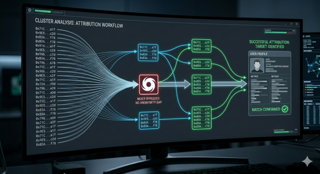 A high-resolution ultrawide monitor displaying a digital forensic interface. It shows a cluster of wallet addresses being traced through a crypto mixer to a successful identity attribution and user profile match.