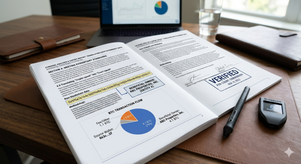 An open forensic analysis report on a desk showing transaction flow charts, wallet address mapping to beneficial owners, and a "Verified for Court Submission" stamp.
