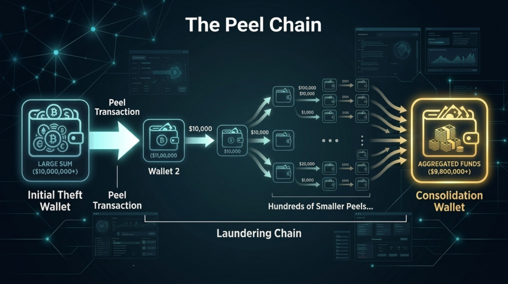 A diagram titled "The Peel Chain" illustrating a money laundering process where a large sum of cryptocurrency is broken down into hundreds of smaller transactions through multiple wallets before being reunited in a consolidation wallet.