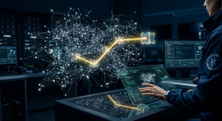 : A person in a dark uniform interacting with a glowing holographic interface that displays a complex digital network and highlighted data nodes in a high-tech command center.