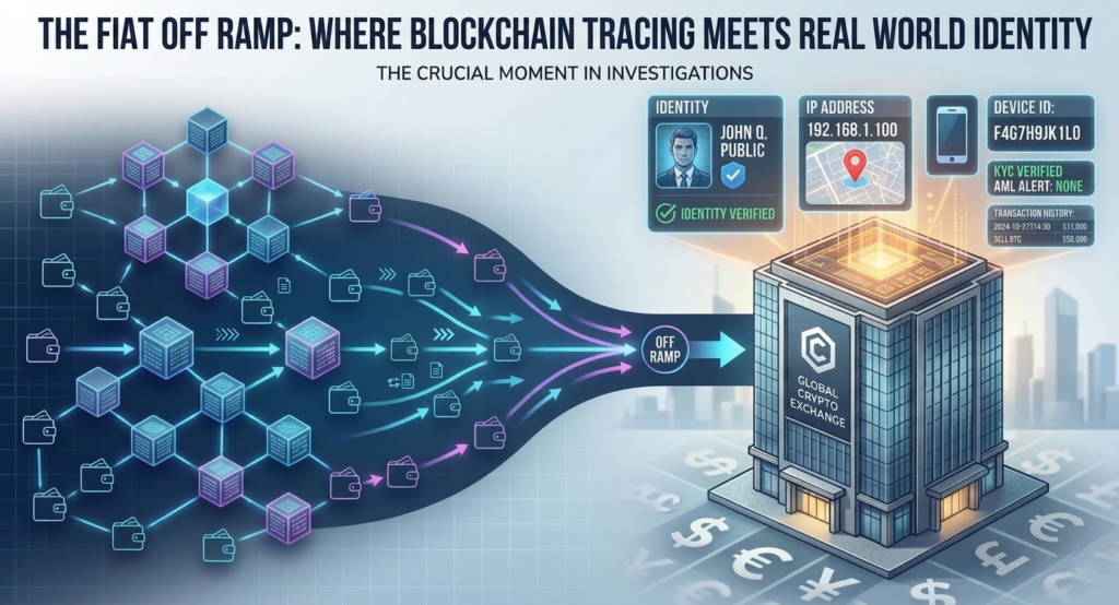 A technical diagram titled "The Fiat Off Ramp," showing digital cryptocurrency wallets funnelling into a "Global Crypto Exchange" building where personal identity data, such as IP addresses and KYC verification, is linked to the transactions.