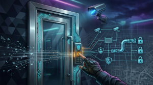A gloved hand touches a glowing biometric fingerprint scanner on a futuristic metal door integrated with circuit patterns, while a digital schematic showing security cameras, locks, and data pipes floats in the background.