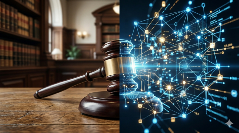 A split-screen image showing a wooden gavel in a law library on the left and a glowing blue digital blockchain network on the right.