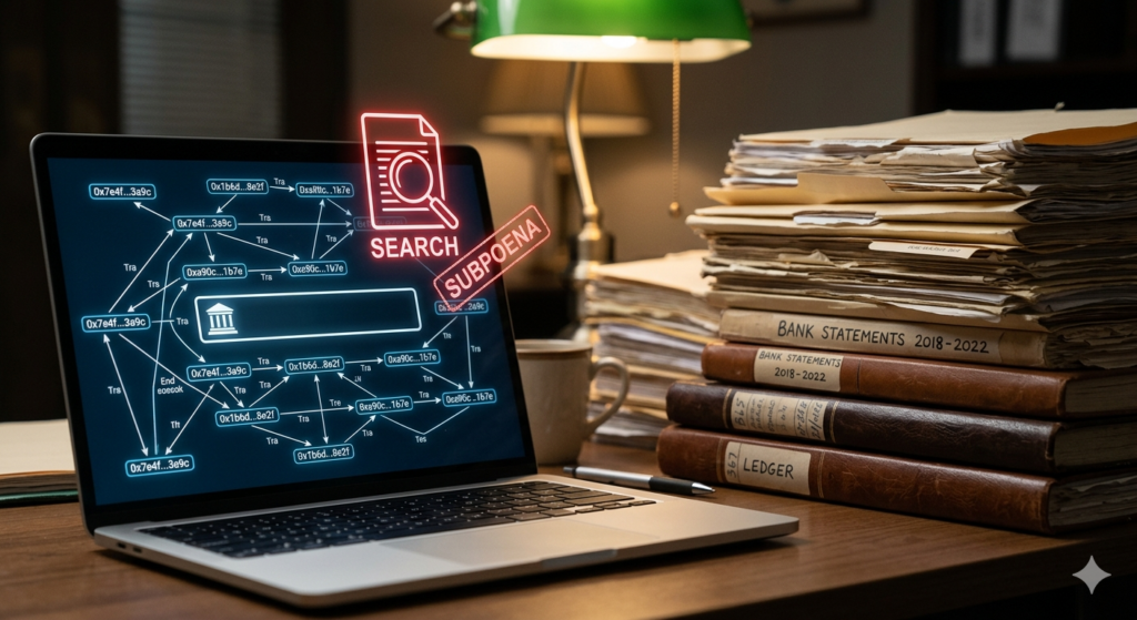 A laptop screen displaying a complex digital blockchain transaction map next to a high stack of traditional paper bank statements and ledgers.