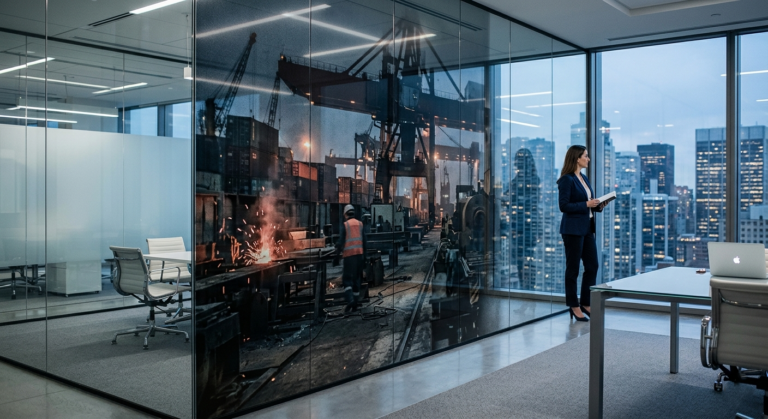 A modern glass-walled boardroom in a corporate skyscraper overlooking a city skyline, with a prominent reflection on the glass showing a gritty, active industrial shipyard and factory floor, as a businesswoman looks out the window.