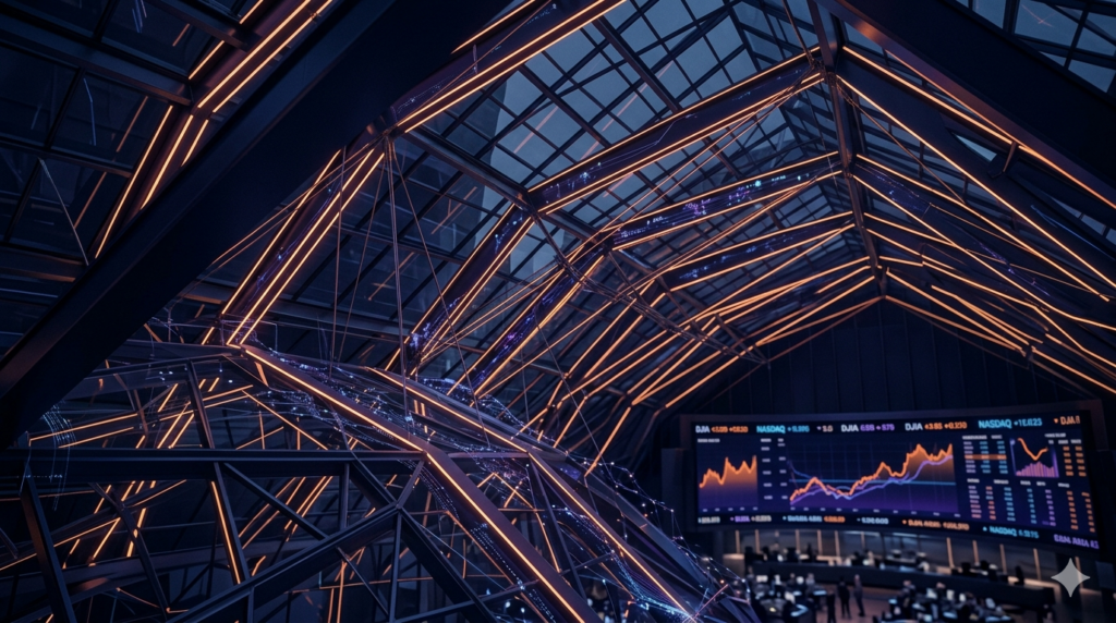 Abstract digital network grid background with corporate navy blue and orange geometric shapes, representing pre-IPO cybersecurity due diligence and corporate risk governance.
