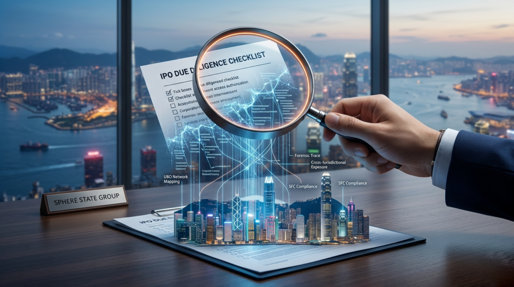 A person’s hand in a suit holding a magnifying glass over an "IPO Due Diligence Checklist" document on a desk. Digital, holographic blue lines project from the document onto a 3D miniature model of the Hong Kong skyline. A wooden desk nameplate reads "SPHERE STATE GROUP." Labels on the holographic projection include "UBO Network Mapping," "Forensic Trace," "Cross-Jurisdictional Exposure," and "SFC Compliance." The background features a large window overlooking the Victoria Harbour skyline at dusk.